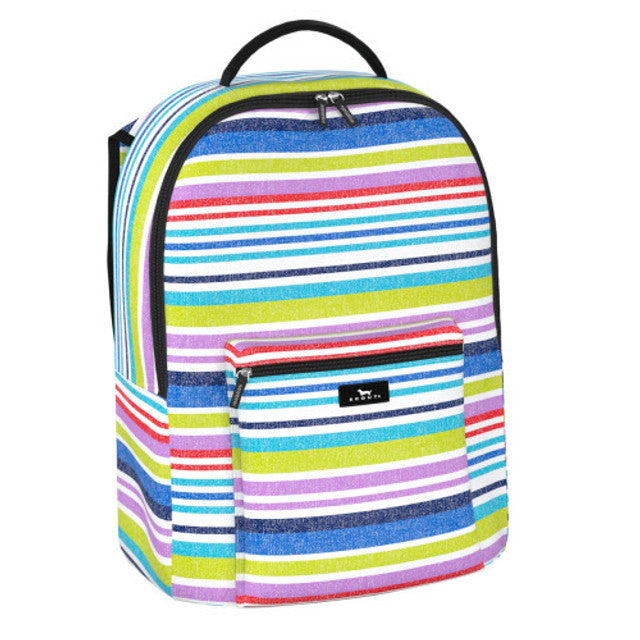 Scout Pack Leader backpack in Sidewalk Chalk print with padded straps, laptop sleeve, mesh bottle pocket, and multiple zip compartments.