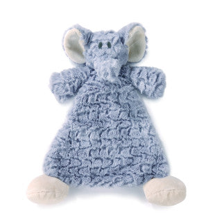 Gray plush elephant rattle blankie with large floppy ears, stitched details, and ultra-soft 13-inch cuddle-ready fabric.