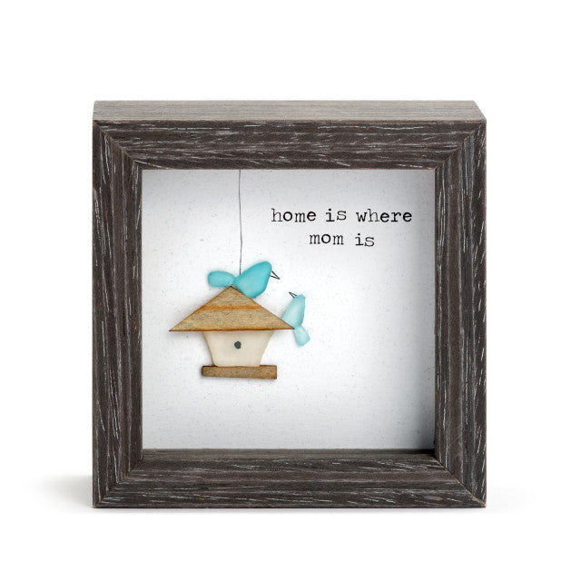 Wooden shadow box with floral design and Home Is Where Mom Is message, sentimental décor piece for Mother’s Day or everyday love.