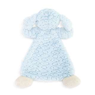 Tan plush dog rattle blankie with floppy ears, embroidered face, and ultra-soft textured fabric, 13 inches wide.