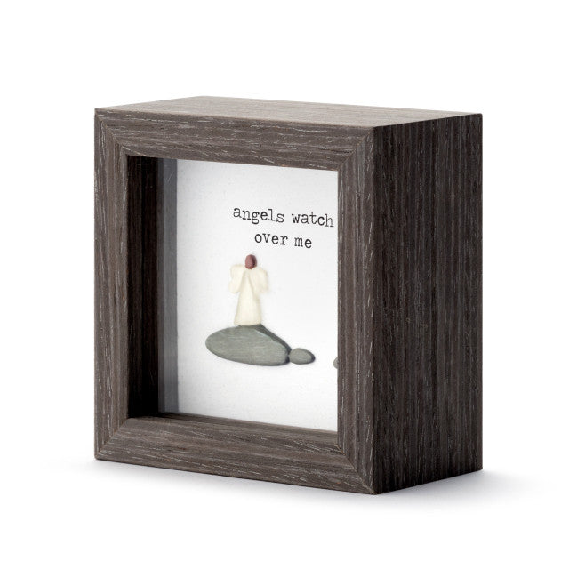  Angels Watch Over Me shadow box with pebble art by Sharon Nowlan, featuring inspirational coastal Nova Scotia design.

