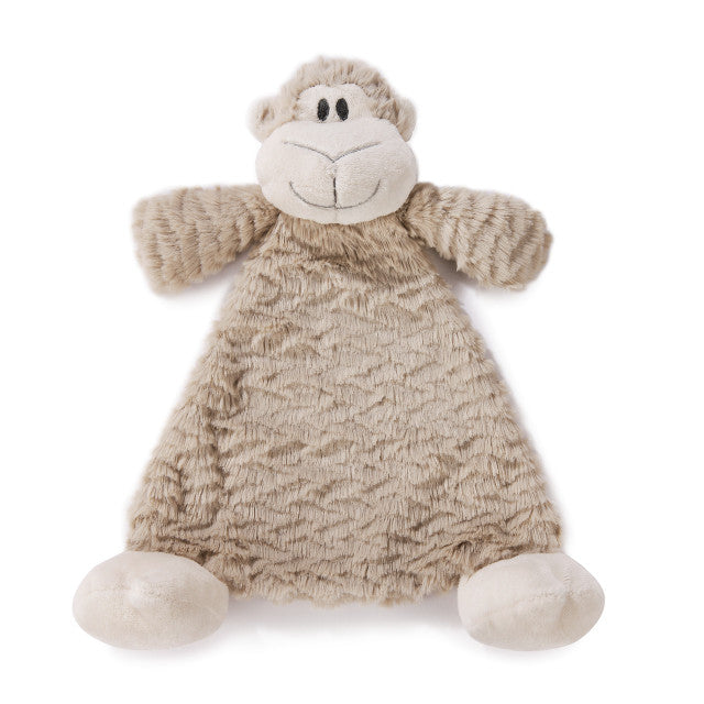 Light brown plush monkey rattle blankie with stitched smile, soft floppy limbs, and cuddly 13-inch fabric design.

