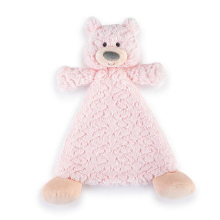 Pink plush bear rattle blankie with embroidered features, soft texture, and easy-to-hold shape, 13 inches wide.