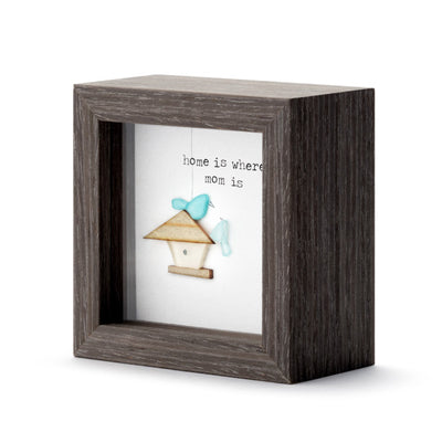 Wooden shadow box with floral design and Home Is Where Mom Is message, sentimental décor piece for Mother’s Day or everyday love.