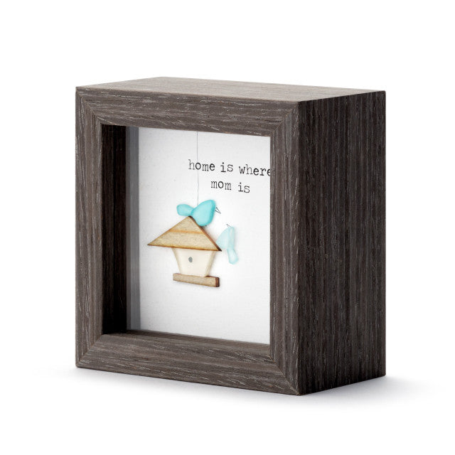 Wooden shadow box with floral design and Home Is Where Mom Is message, sentimental décor piece for Mother’s Day or everyday love.