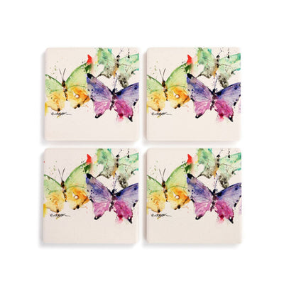 Set of four round cork coasters with colorful butterfly designs