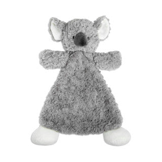 Gray plush koala rattle blankie with white ears, soft cuddly fabric, and embroidered facial features, 13 inches wide.