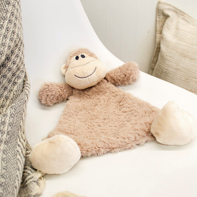Light brown plush monkey rattle blankie with stitched smile, soft floppy limbs, and cuddly 13-inch fabric design.