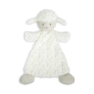 White plush lamb rattle blankie with floppy ears, embroidered face, and soft cuddly fabric, 13 inches wide.