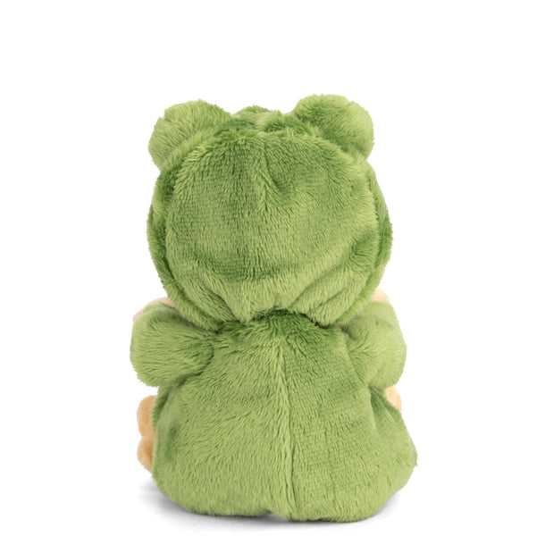 Plush Ziggy bear in a green frog costume with a gold crown, 6 inches tall, perfect for fairy tale play and cuddles.

