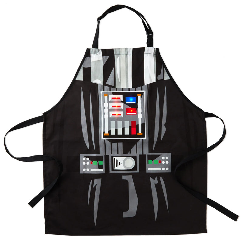 The Star Wars cotton canvas bib apron features a Darth Vader suit design with LED lights that blink.
