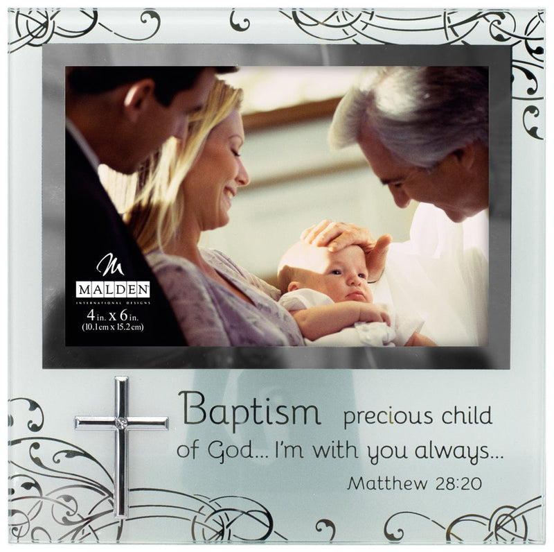 Baptism Frosted Glass Frame - 4x6 with this glass frame featuring etched detailing and a religious sentiment.