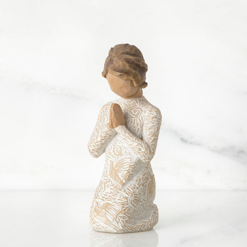 Prayer of Peace: Willow Tree with hands in prayer pose, in a cream dress carved with birds and flowers