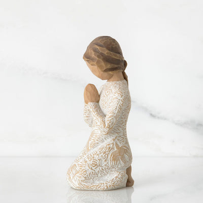Prayer of Peace: Willow Tree with hands in prayer pose, in a cream dress carved with birds and flowers