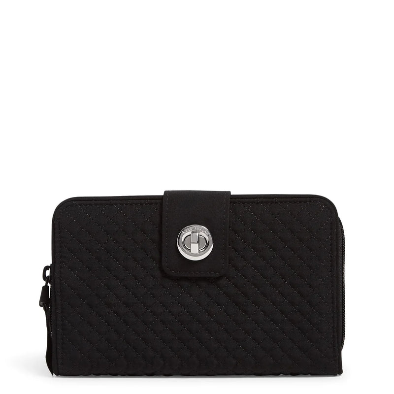 Classic black Vera Bradley RFID turnlock wallet with zip coin pocket, 12 card slips, and two ID windows
