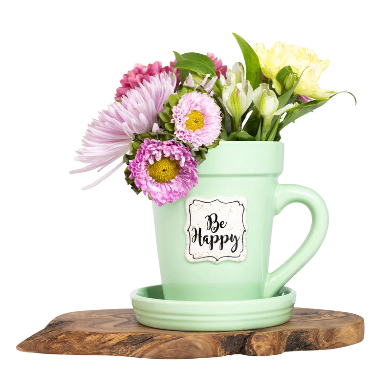 Flower Pot Mug - "Be Happy" - Mint