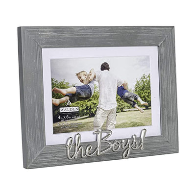 The Boys! picture frame, 4x6 with a gray, textured wood grain finish MDF frame