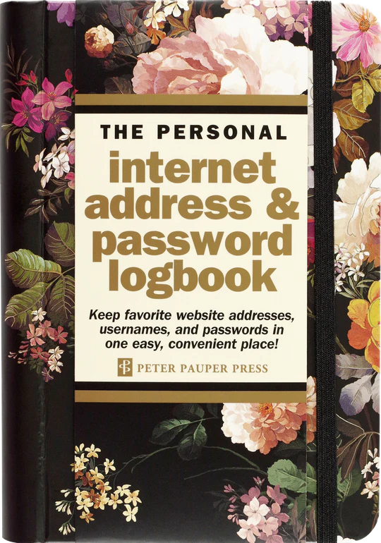 Midnight Floral Internet Address & Password Logbook with space to list websites, usernames, passwords, and extra notes.