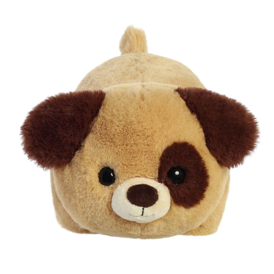 Brown and white stuffed dog with floppy ears and a brown nose.
