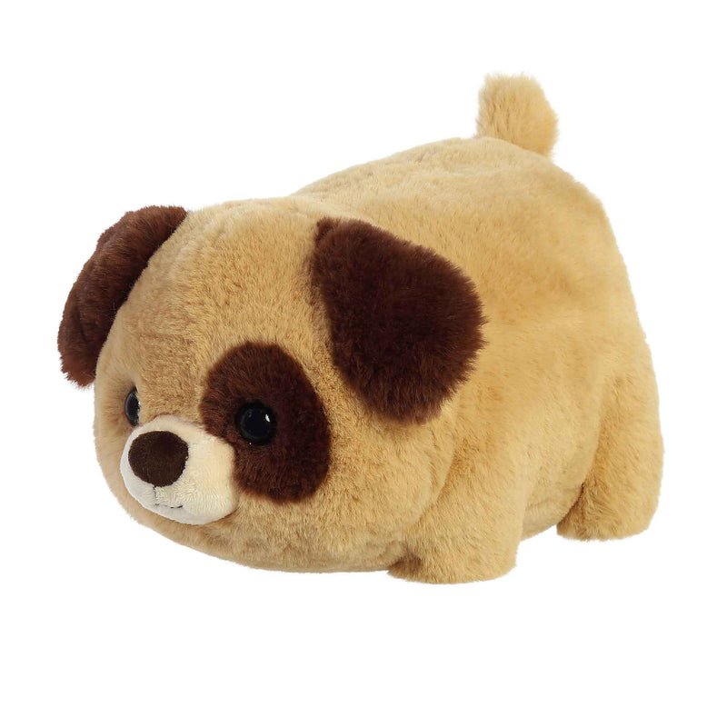 Brown and white stuffed dog with floppy ears and a brown nose.