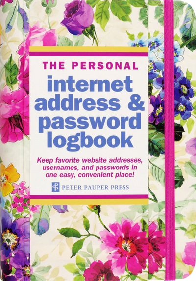 Peony Garden Internet Address & Password Logbook with space to list websites, usernames, passwords, and extra notes.