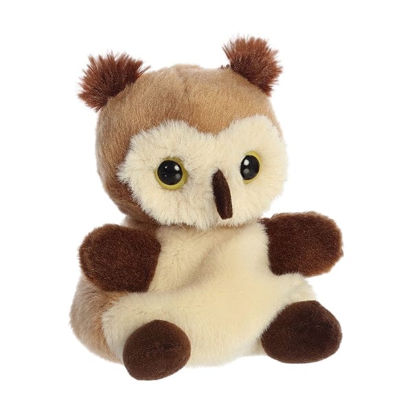 Brown and white stuffed owl puppet with orange eyes and yellow beak