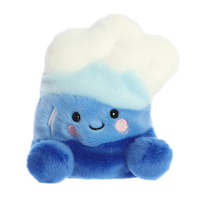 Light blue plush toy with a dolphin-like body and bear-like face. Black button eyes.