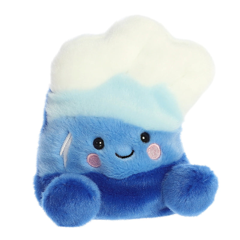 Light blue plush toy with a dolphin-like body and bear-like face. Black button eyes.