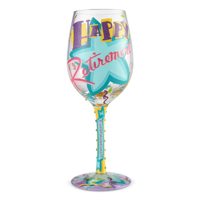 Happy Retirement Wine Glass with Lolita's signature painted under the base of the glass. 
