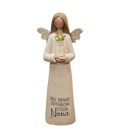 A beautiful angel figurine holds a clear glass jar with flowers and a loving sentiment on the skirt of her dress.