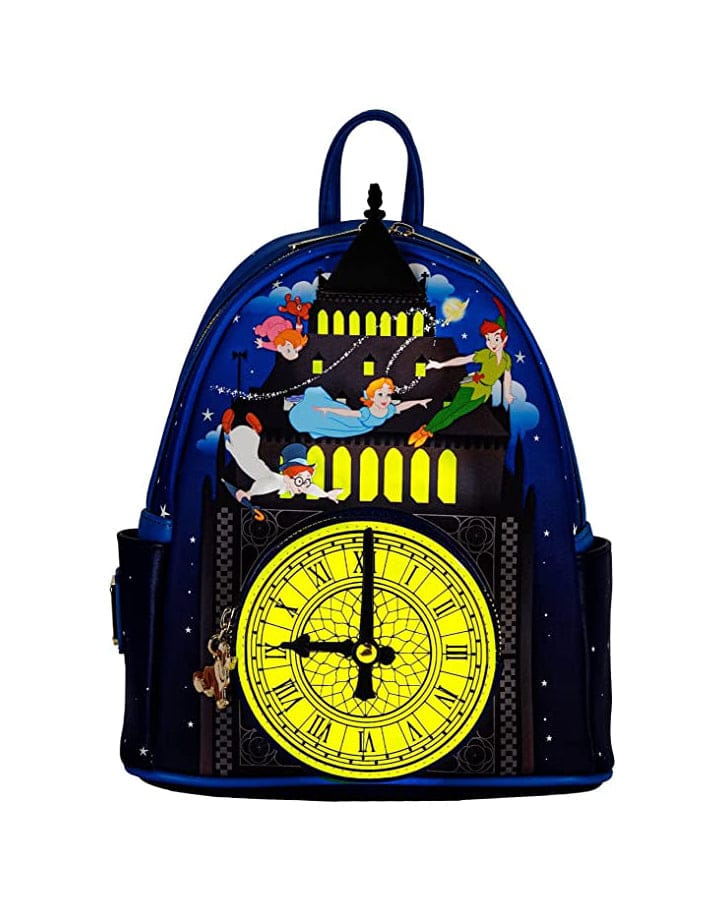 Disney Peter Pan Glow Clock, Mini Backpack with Zip Main and Glowing Clock Front Pocket and Faux Leather Exterior