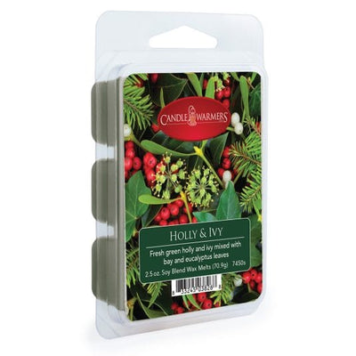 Holly and ivy classic wax melts with green holly bay and eucalyptus leaves.