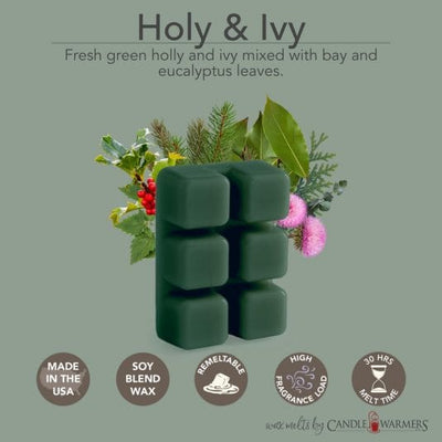 Holly and ivy classic wax melts with green holly bay and eucalyptus leaves.