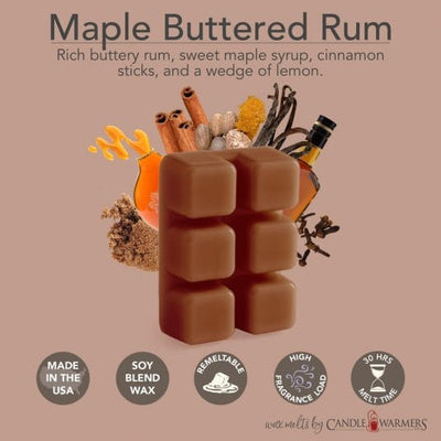 Maple Buttered Rum Classic Wax Melts with buttery rum, sweet maple syrup, cinnamon sticks, and a wedge of lemon. 