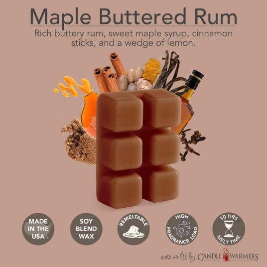 Maple Buttered Rum Classic Wax Melts with buttery rum, sweet maple syrup, cinnamon sticks, and a wedge of lemon. 
