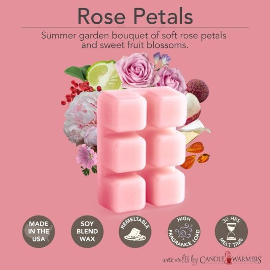 Rose Petals Classic Wax Melts with a Sweet, Summer Garden Bouquet of Soft Rose Petals and Sweet Fruit Blossoms