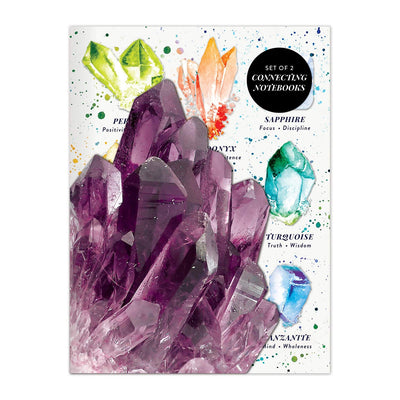Crystals and Gems Connecting Notebook Set with lined pages and an A5-size notebook featuring images, names, and qualities of 19 crystals and gems.