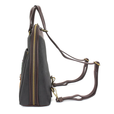 Black leather purse with dragonfly design on flap closure. Detachable crossbody strap.