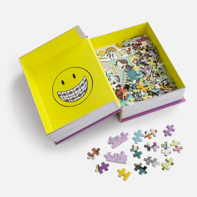 450-piece colorful jigsaw puzzle depicting a smiling girl surrounded by things she enjoys. 