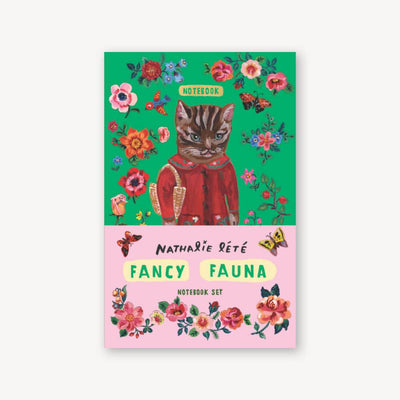 Fancy Fauna Notebook Set with this luxe notebook collection from artist Nathalie Lété. With gold foil on their covers and gilded edges, these two-lined notebooks feature delightful paintings of cute cats and ritzy rabbits.