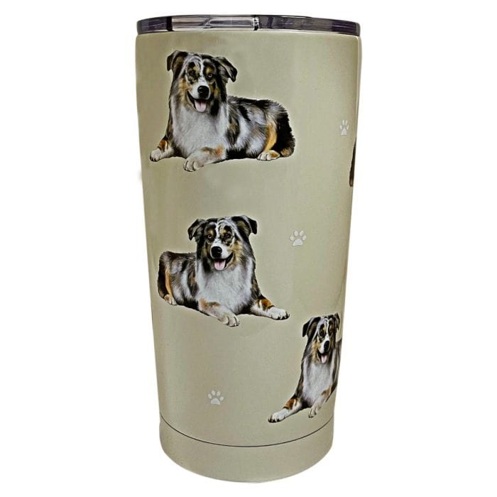Australian Shepherd 16oz tumbler with 3D raised dog artwork, spill-proof slider lid, and double wall insulation for hot or cold drinks