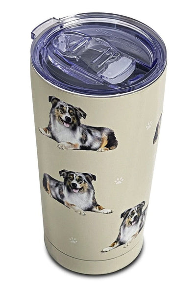 Australian Shepherd 16oz tumbler with 3D raised dog artwork, spill-proof slider lid, and double wall insulation for hot or cold drinks