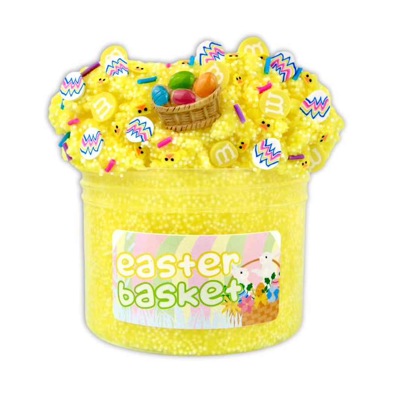 Jar of Easter basket slime with pastel colored sprinkles and a yellow chick on the lid. Text on jar reads “Easter Basket