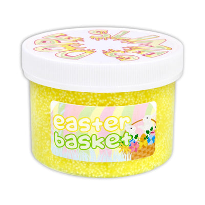 Jar of Easter basket slime with pastel colored sprinkles and a yellow chick on the lid. Text on jar reads “Easter Basket