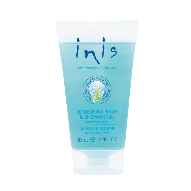 Inis Travel Size Shower Gel 2.9 oz, ocean-fresh scented gel with sea minerals for a refreshing cleanse, perfect for travel.