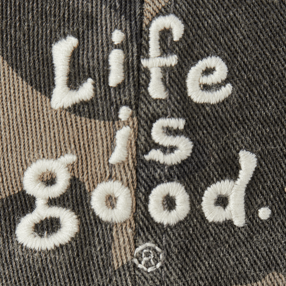 Camo six-panel Chill Cap with vintage wordmark stacked embroidery, soft 100% cotton, adjustable snapback, Life is Good label


