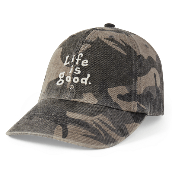 Camo six-panel Chill Cap with vintage wordmark stacked embroidery, soft 100% cotton, adjustable snapback, Life is Good label


