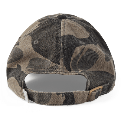 Camo six-panel Chill Cap with vintage wordmark stacked embroidery, soft 100% cotton, adjustable snapback, Life is Good label


