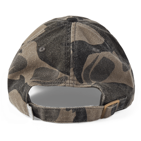 Camo six-panel Chill Cap with vintage wordmark stacked embroidery, soft 100% cotton, adjustable snapback, Life is Good label


