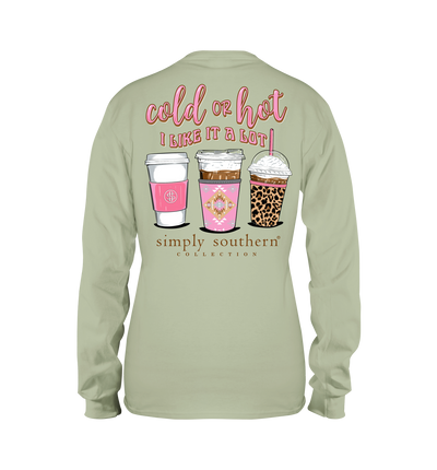 Long Sleeve Cold or Hot with three coffee beverages in multipatterned cup sleeves and the phrase